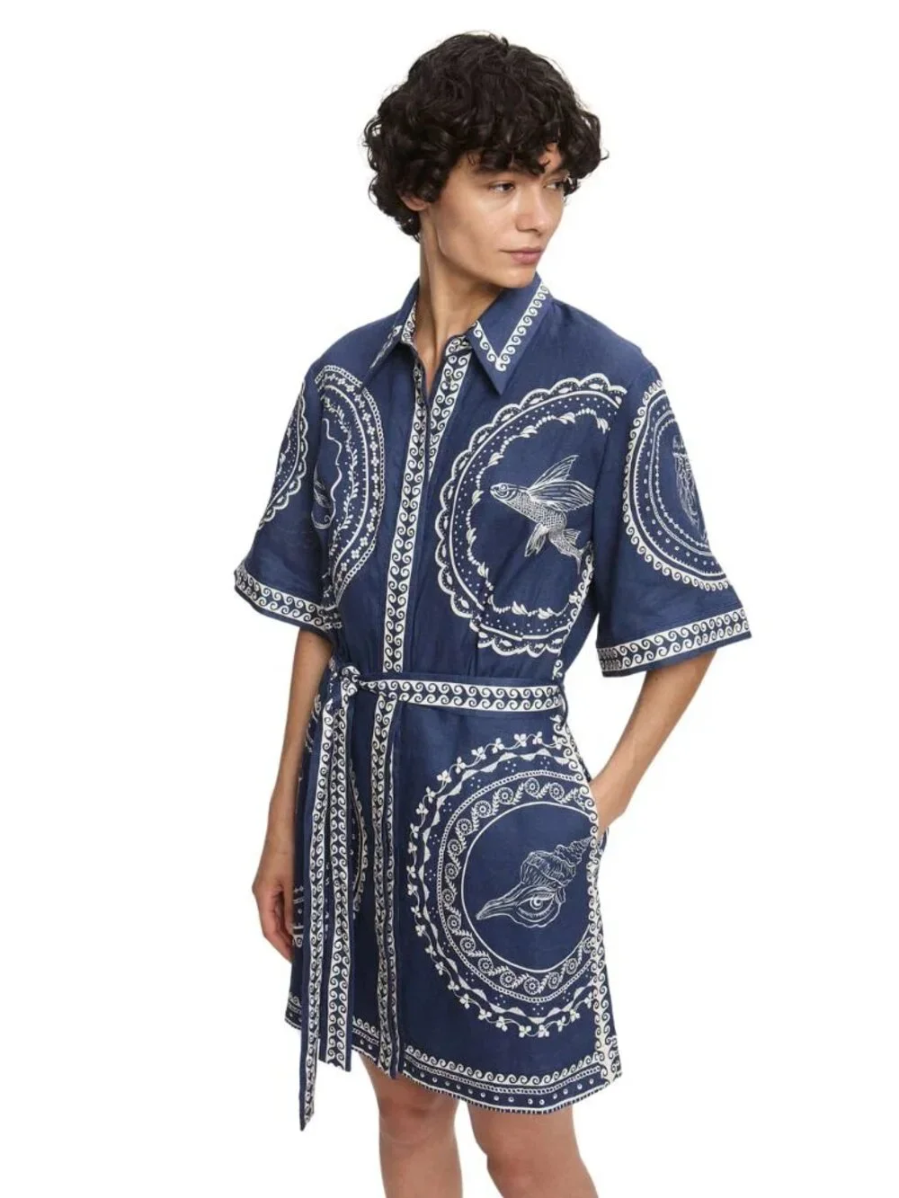 Alemais Oceane Mini Dress Navy Floral Linen Puff Sleeve Dress - Picture 4 of 12